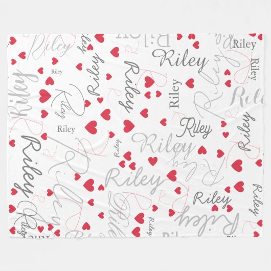 Couverture Polaire Son nom Initiale et Coeurs rouges partout Blanc (Devant (Horizontal))