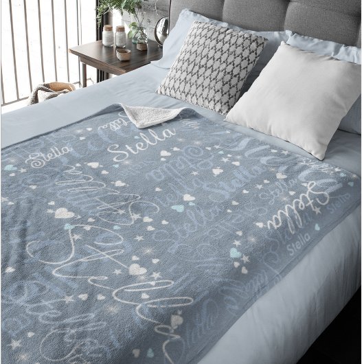 Couverture Polaire Son nom, Splashed Coeurs mignons et étoiles Bleu