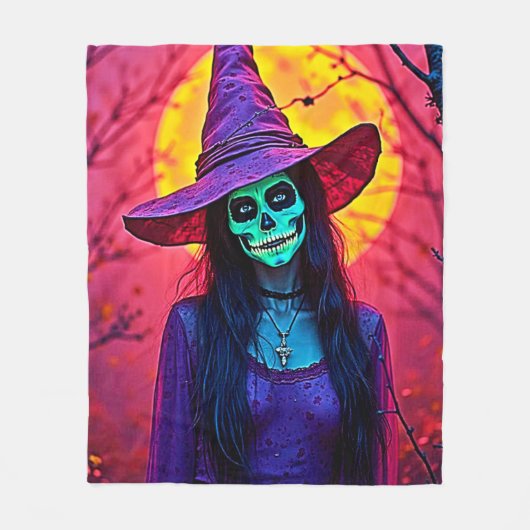 Couverture Polaire Sorcière d'Halloween avec conception de visage crâ (Devant)