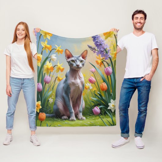Couverture Polaire Sphynx Chat Fleurs de printemps Peinture (En situation)