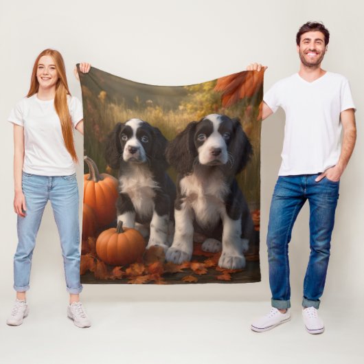 Couverture Polaire Springer Spaniel Chiot Automne Citrouille de plais (En situation)