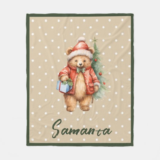 Couverture Polaire Star pattern christmas bear green beige name (Devant)