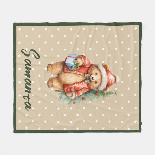Couverture Polaire Star pattern christmas bear green beige name (Devant (Horizontal))