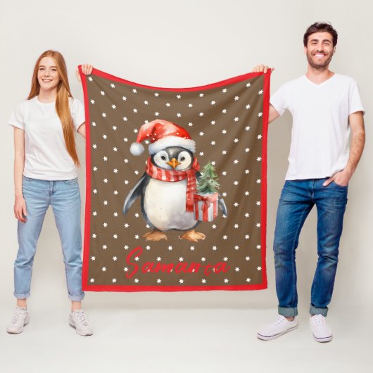 Couverture Polaire Star pattern penguin brown red name (En situation)