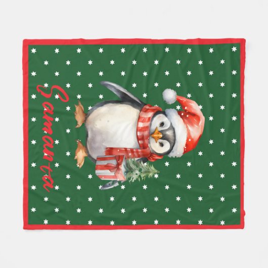 Couverture Polaire Star pattern penguin green red name (Devant (Horizontal))