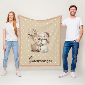 Couverture Polaire Star pattern reindeer snowman blue beige name