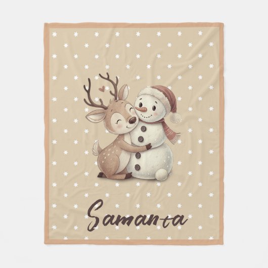 Couverture Polaire Star pattern reindeer snowman blue beige name (Devant)