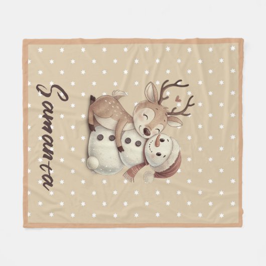 Couverture Polaire Star pattern reindeer snowman blue beige name (Devant (Horizontal))