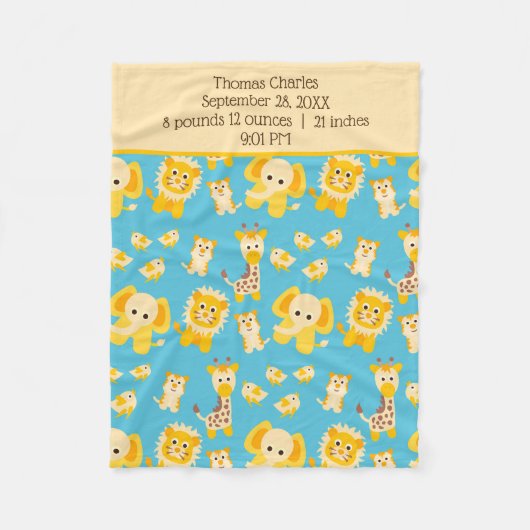 Couverture Polaire Statistiques de naissance bleu Jaune Jungle Safari (Devant)