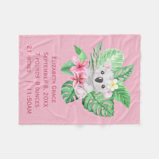 Couverture Polaire Statistiques de naissance Koala Ours rose Vert Fle (Devant (Horizontal))