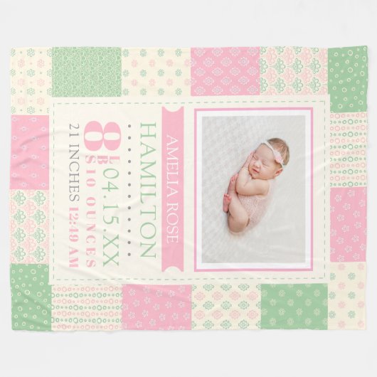 Couverture Polaire Statistiques de naissance rose et vert Photo Baby (Devant (Horizontal))