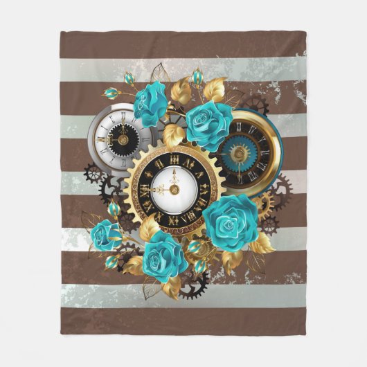 Couverture Polaire Steampunk Clock and Turquoise Roses on Striped (Devant)