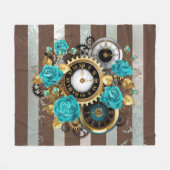 Couverture Polaire Steampunk Clock and Turquoise Roses on Striped (Devant (Horizontal))