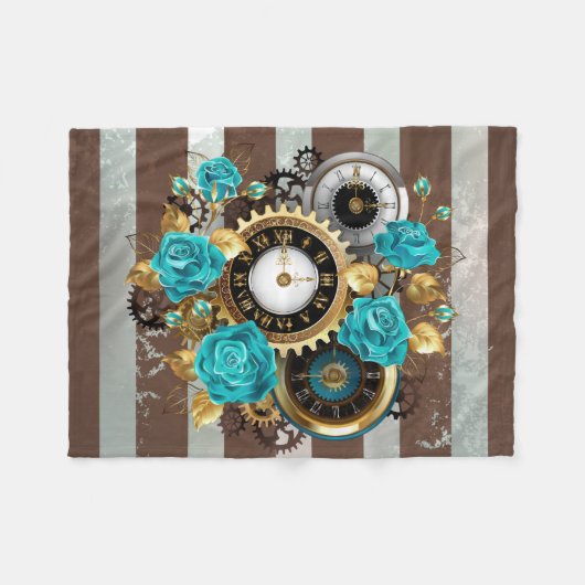 Couverture Polaire Steampunk Clock and Turquoise Roses on Striped (Devant (Horizontal))
