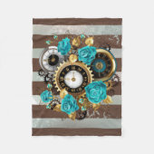 Couverture Polaire Steampunk Clock and Turquoise Roses on Striped (Devant)