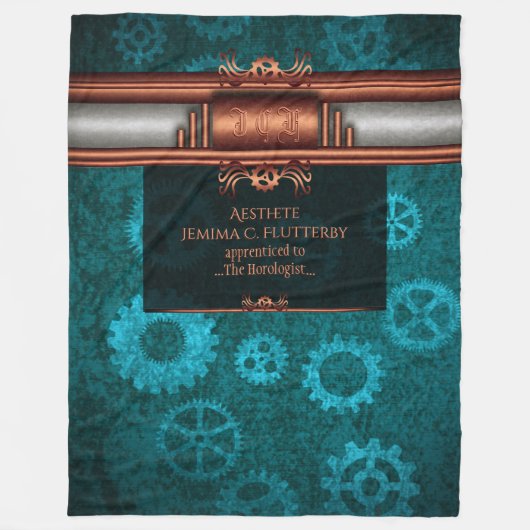 Couverture Polaire Steampunk, cuivre sur roues turquoises, Monogramme (Devant)