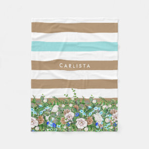 Couverture Polaire Stylé Tan et Aqua Floral et des rayures avec nom