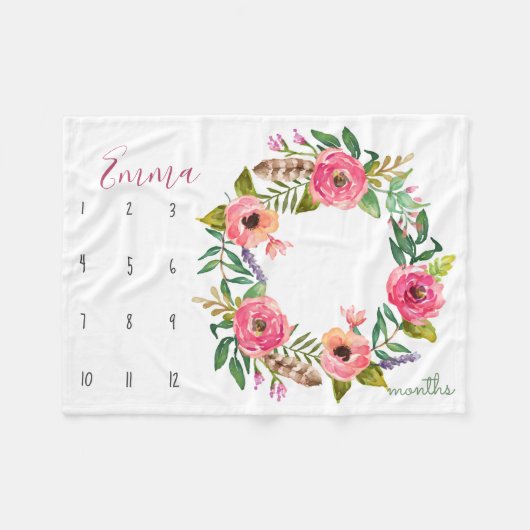 Couverture Polaire Suivi de croissance - Jalon - Fleurs d'aquarelle (Devant (Horizontal))