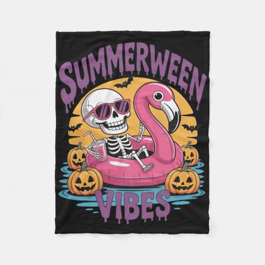 Couverture Polaire Summerween Vibes Skeleton Flamant rose Hallowee Éf (Devant)
