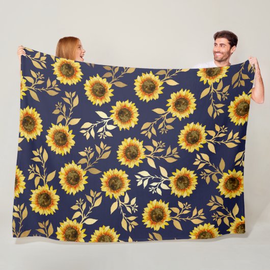 Couverture Polaire Sunny Yellow Gold Navy Feuille Motif (En situation)