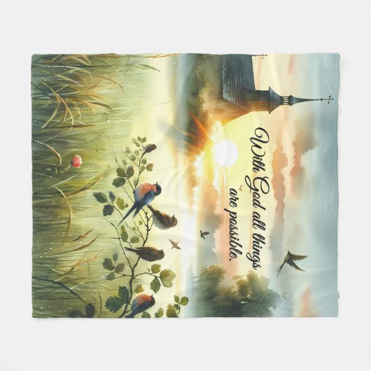 Couverture Polaire Sunrise Church with Birds in Misty Meadow (Devant (Horizontal))