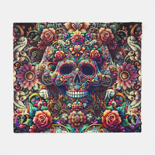 Couverture Polaire Super Sugar Skull floral vibrant (Devant (Horizontal))