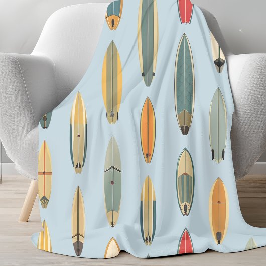 Couverture Polaire Surf Life - Retro Coastal Blue Surfboard Print