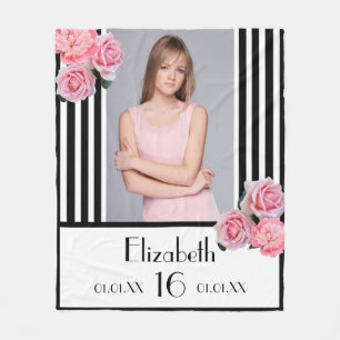 Couverture Polaire Sweet 16 rayures noires rose photo florale