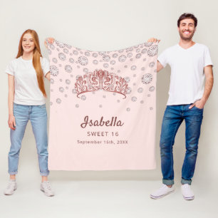 Couverture Polaire Sweet 16 rose or tiara couronne rose monogramme