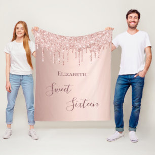 Couverture Polaire Sweet 16th seize ans fille 16 rose or pailleté