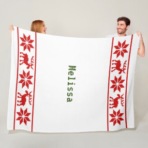 Couverture Polaire Sweet Look Blanc, Red Stars Reindeer Noël