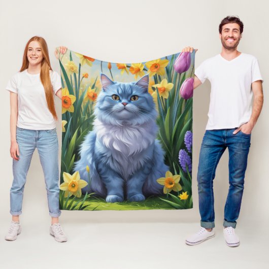 Couverture Polaire Tableau des fleurs de printemps de chats bleus ori (En situation)