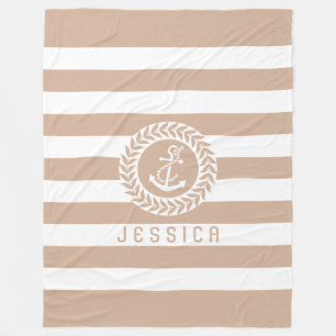 Couverture Polaire Tan & Blancs Avec Ancre Nautique Blanche