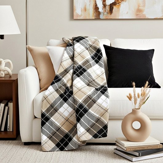 Couverture Polaire Tan et plaid noir