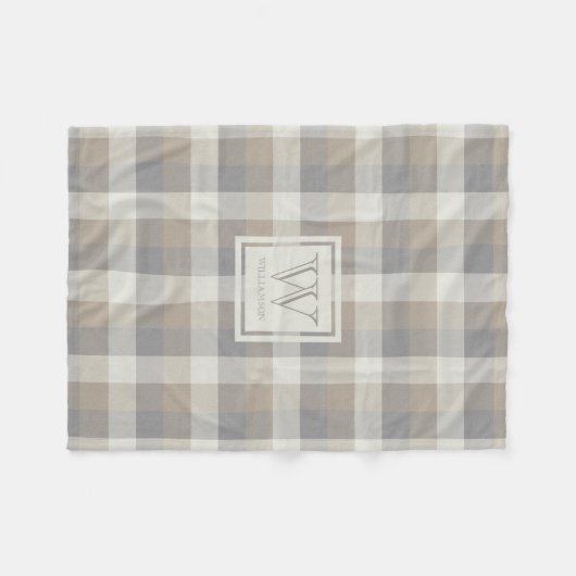 Couverture Polaire Tan Grey et ivoire Neutre Rustique Plaid Monogramm (Devant (Horizontal))