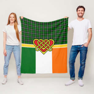 Couverture Polaire Tartan d'Irlande, drapeau d'Irlande, coeur celte,