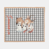 Couverture Polaire Tartan plaid reindeer snowman grey white name (Devant (Horizontal))