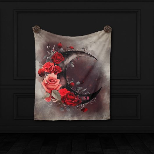 Couverture Polaire Técherie | Lune de croissant avec des roses rouges