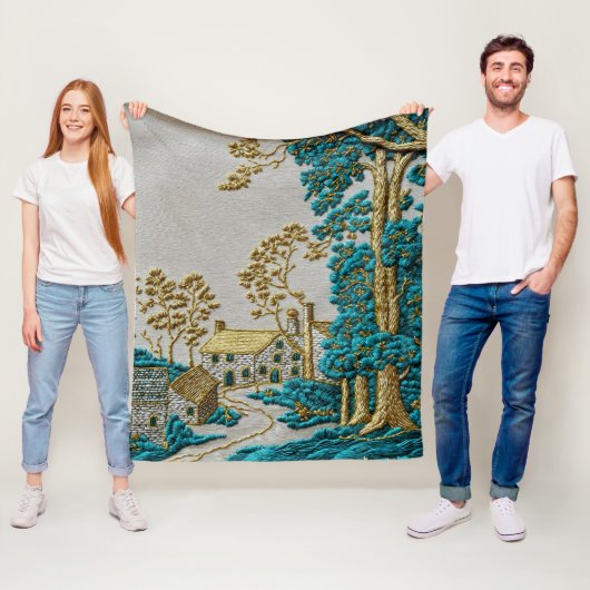 Couverture Polaire Teinte sarcelle et or de style antique rural (En situation)