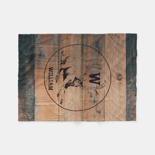 Couverture Polaire Texture en bois rustique et monogramme de cerfs su (Devant (Horizontal))