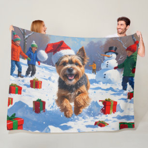 Couverture Polaire Tibetan Terrier courant dans la neige avec un chap