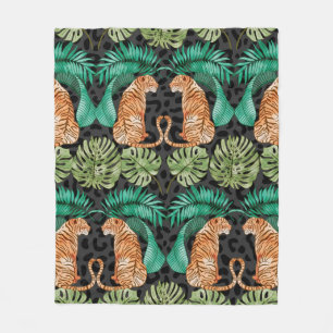 Couverture Polaire Tiger and Leaves in Watercolor Seamless Pattern