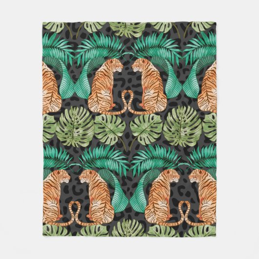 Couverture Polaire Tiger and Leaves in Watercolor Seamless Pattern (Devant)