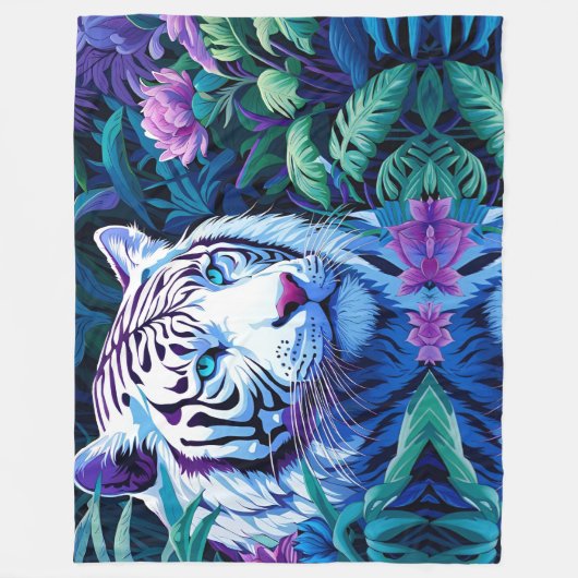 Couverture Polaire Tigre blanc en fleurs violettes (Devant)
