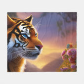 Couverture Polaire Tigre bleu et fleurs roses (Devant (Horizontal))
