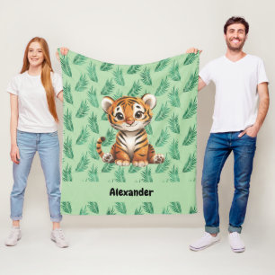 Couverture Polaire Tigre de dessin mignon sur Feuilles tropicaux