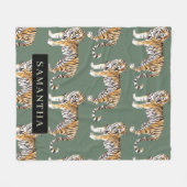 Couverture Polaire Tigres d'aquarelle verte tropicale Motif avec nom (Devant (Horizontal))