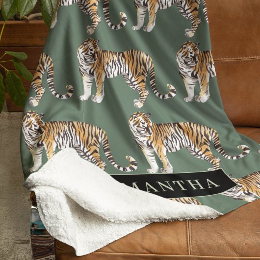 Couverture Polaire Tigres d'aquarelle verte tropicale Motif avec nom