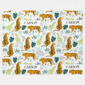 Couverture Polaire Tigres et Feuilles tropicaux, Motif de nom (Devant (Horizontal))