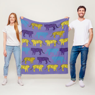 Couverture Polaire Tigres violets Jaunes, Gros Chats Blanche Toison